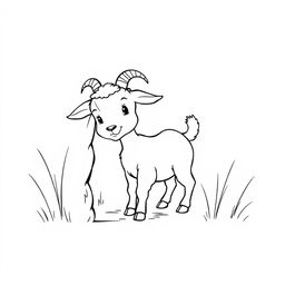 A simple, black and white drawing of a little goat playing hide and seek