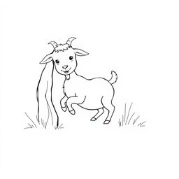 A simple, black and white drawing of a little goat playing hide and seek