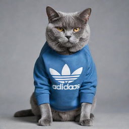 A strong and muscular bluish-grey cat wearing a fashionable Adidas sweatshirt, exuding a powerful yet stylish vibe.