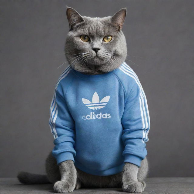 A strong and muscular bluish-grey cat wearing a fashionable Adidas sweatshirt, exuding a powerful yet stylish vibe.