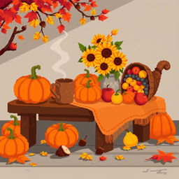 A pixel art illustration featuring an autumn still life