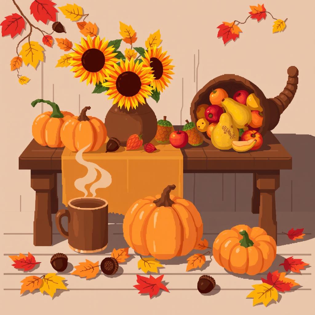 A pixel art illustration featuring an autumn still life