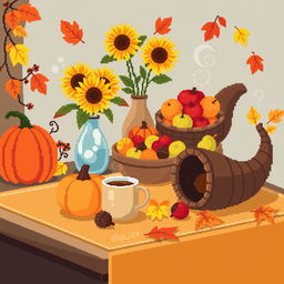 A pixel art illustration featuring an autumn still life