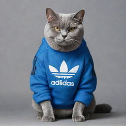 A strong and muscular bluish-grey cat wearing a fashionable Adidas sweatshirt, exuding a powerful yet stylish vibe.