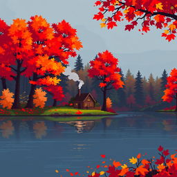 Pixel art depiction of a serene autumn scene