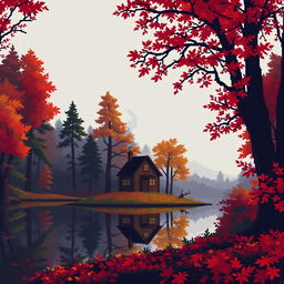 Pixel art depiction of a serene autumn scene