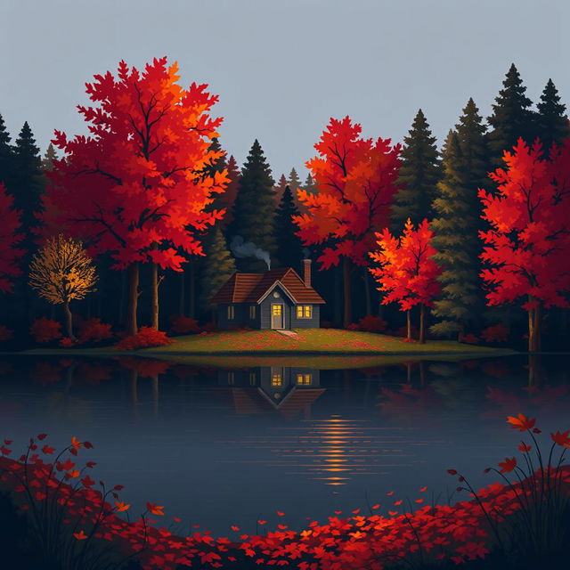 Pixel art depiction of a serene autumn scene