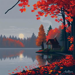 Pixel art depiction of a serene autumn scene