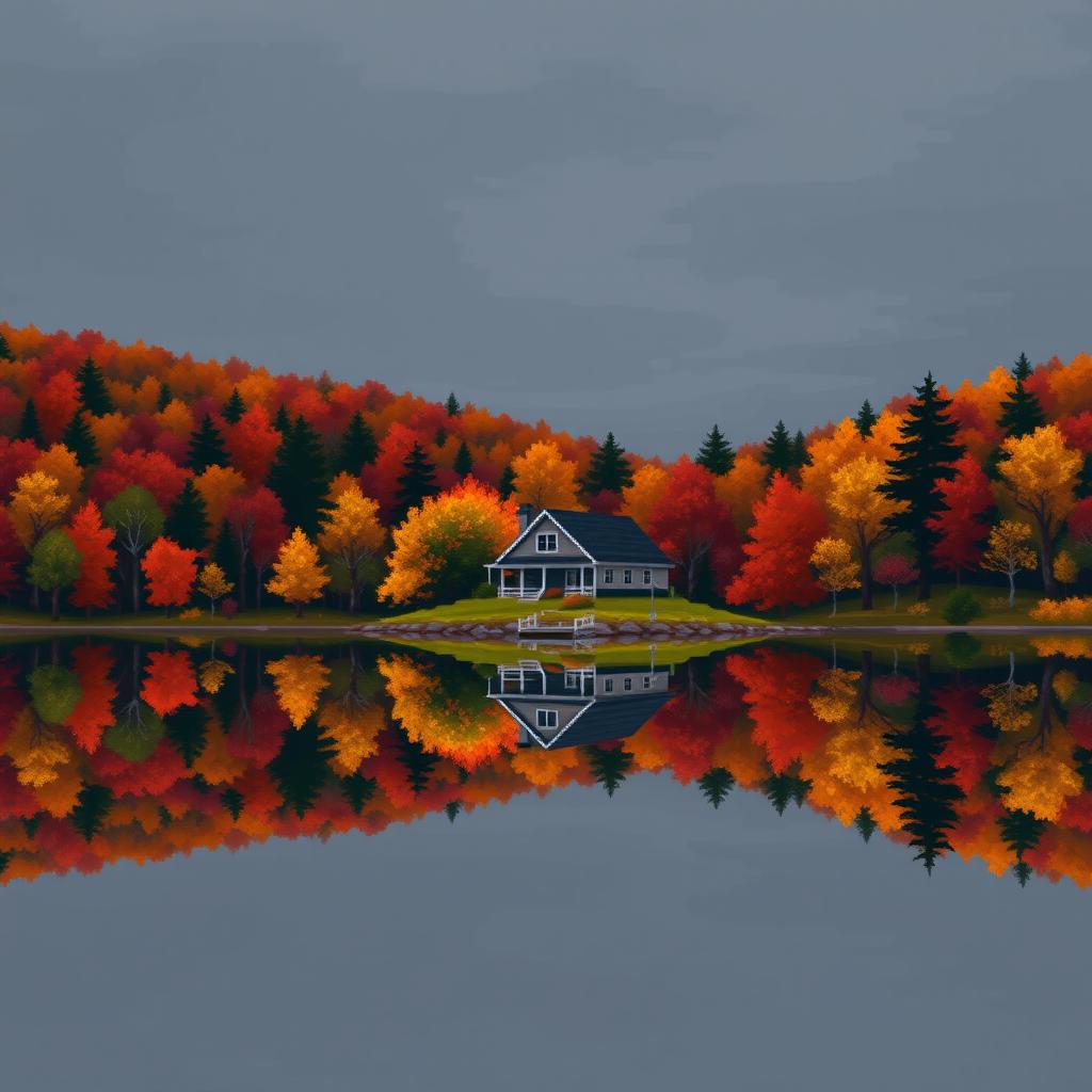 Pixel art scene with big pixels of an autumn landscape, depicting a house on the shore of a serene lake, surrounded by an autumn forest filled with trees in shades of red, orange, and yellow