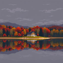 Pixel art scene with big pixels of an autumn landscape, depicting a house on the shore of a serene lake, surrounded by an autumn forest filled with trees in shades of red, orange, and yellow