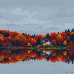 Pixel art scene with big pixels of an autumn landscape, depicting a house on the shore of a serene lake, surrounded by an autumn forest filled with trees in shades of red, orange, and yellow