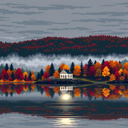 Pixel art scene with big pixels of an autumn landscape, depicting a house on the shore of a serene lake, surrounded by an autumn forest filled with trees in shades of red, orange, and yellow