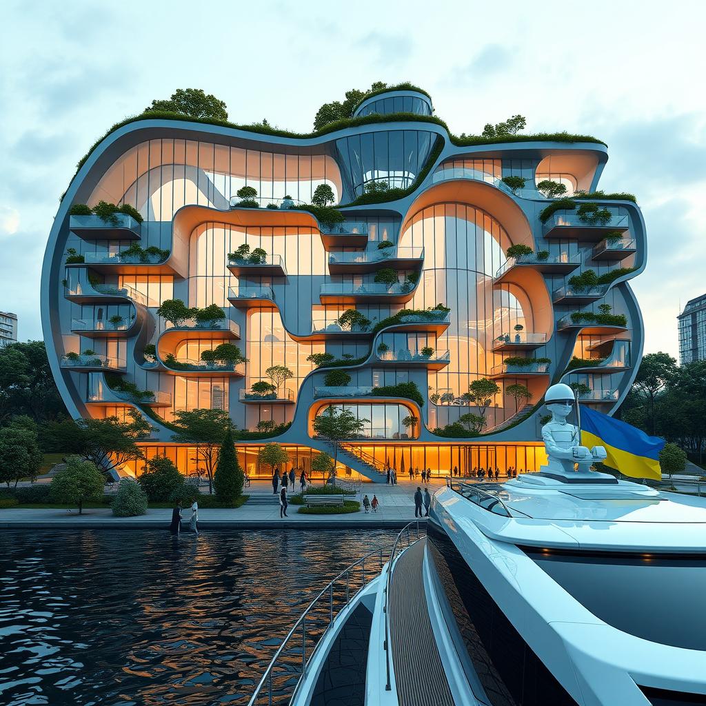 A futuristic bionic building designed with the silhouette resembling the map of Ukraine