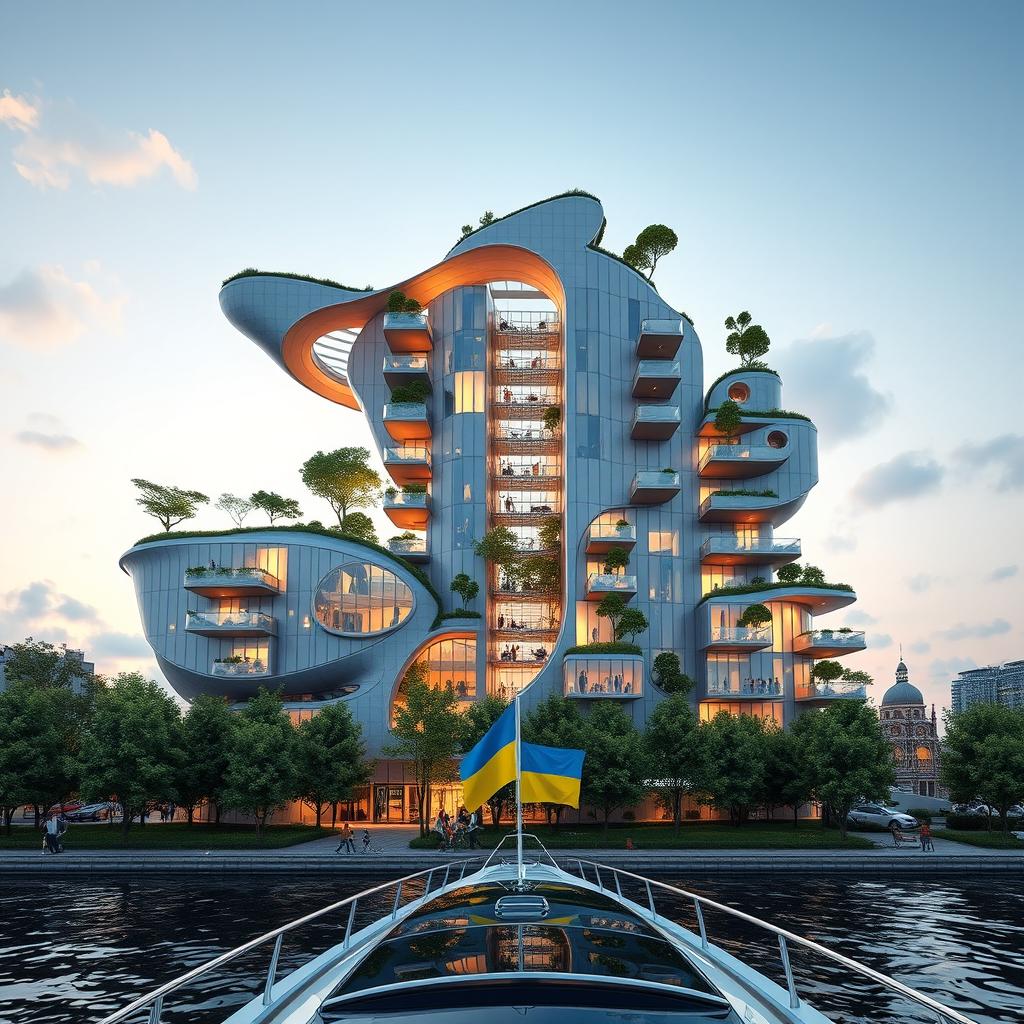 A futuristic bionic building designed with the silhouette resembling the map of Ukraine