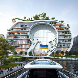 A futuristic bionic building designed with the silhouette resembling the map of Ukraine