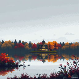 A pixel art scene featuring large, distinct pixels, capturing a gray, autumn evening