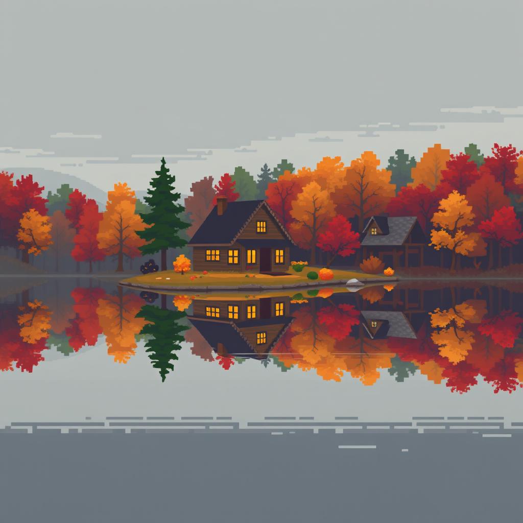 A pixel art scene featuring large, distinct pixels, capturing a gray, autumn evening