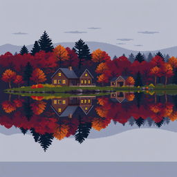 A pixel art scene featuring large, distinct pixels, capturing a gray, autumn evening