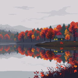 A pixel art scene featuring large, distinct pixels, capturing a gray, autumn evening