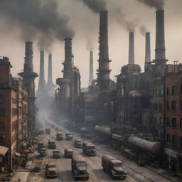 A busy dieselpunk cityscape featuring monolithic factories with large smokestacks, metal-clad skyscrapers, grungy industrial buildings, and diesel-powered vehicles humming on the roads. The sky is filled with smog and features a gritty, distressed aesthetic.