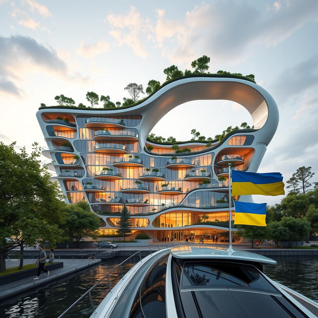 A futuristic bionic building designed with the silhouette resembling the map of Ukraine