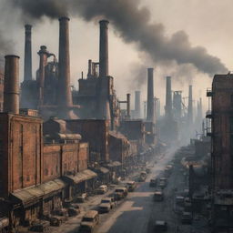 A busy dieselpunk cityscape featuring monolithic factories with large smokestacks, metal-clad skyscrapers, grungy industrial buildings, and diesel-powered vehicles humming on the roads. The sky is filled with smog and features a gritty, distressed aesthetic.