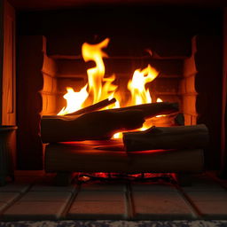 A cozy wooden fireplace crackling with a warm, inviting fire