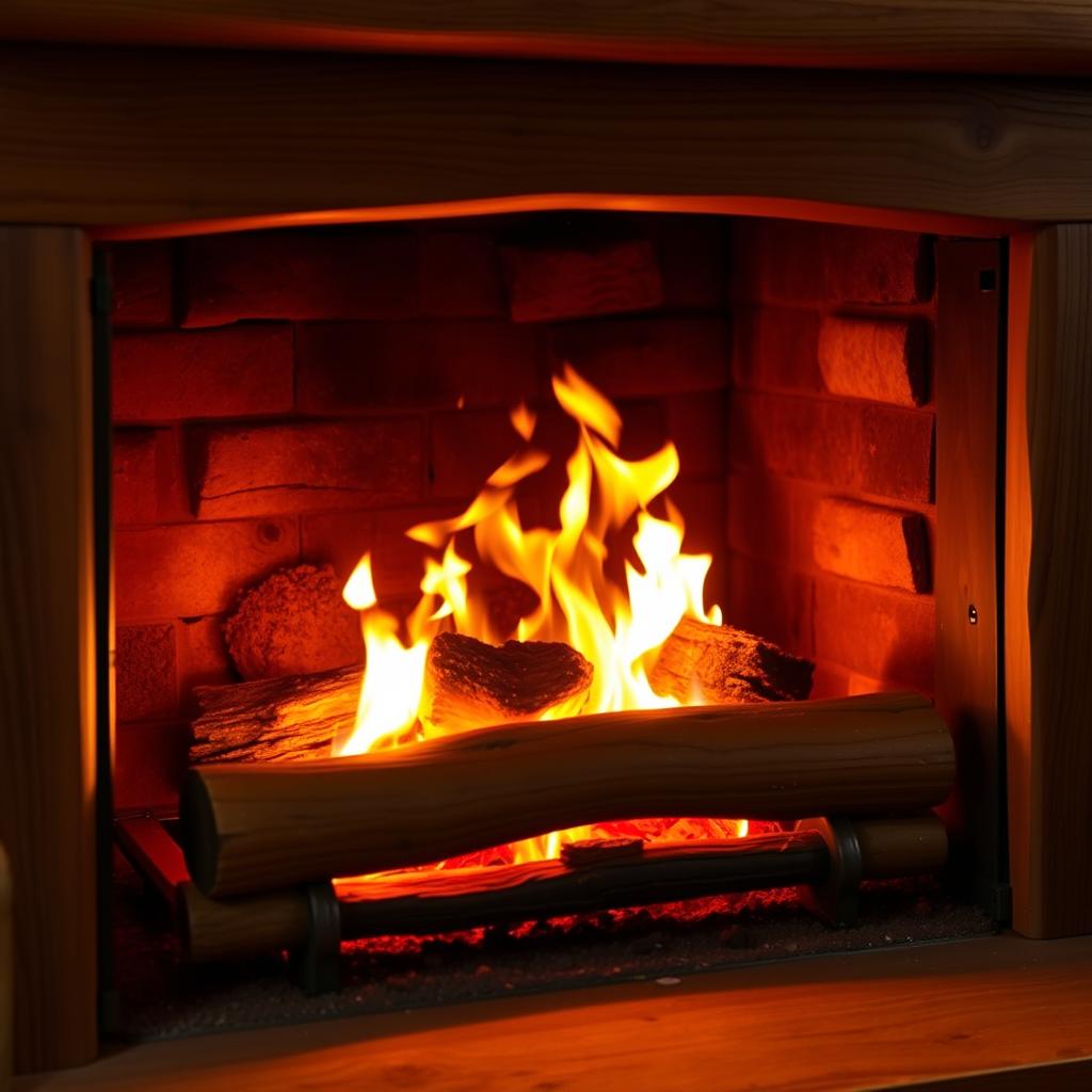 A cozy wooden fireplace crackling with a warm, inviting fire