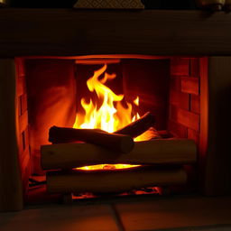 A cozy wooden fireplace crackling with a warm, inviting fire