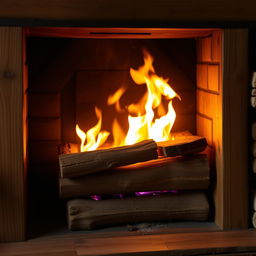 A cozy wooden fireplace crackling with a warm, inviting fire