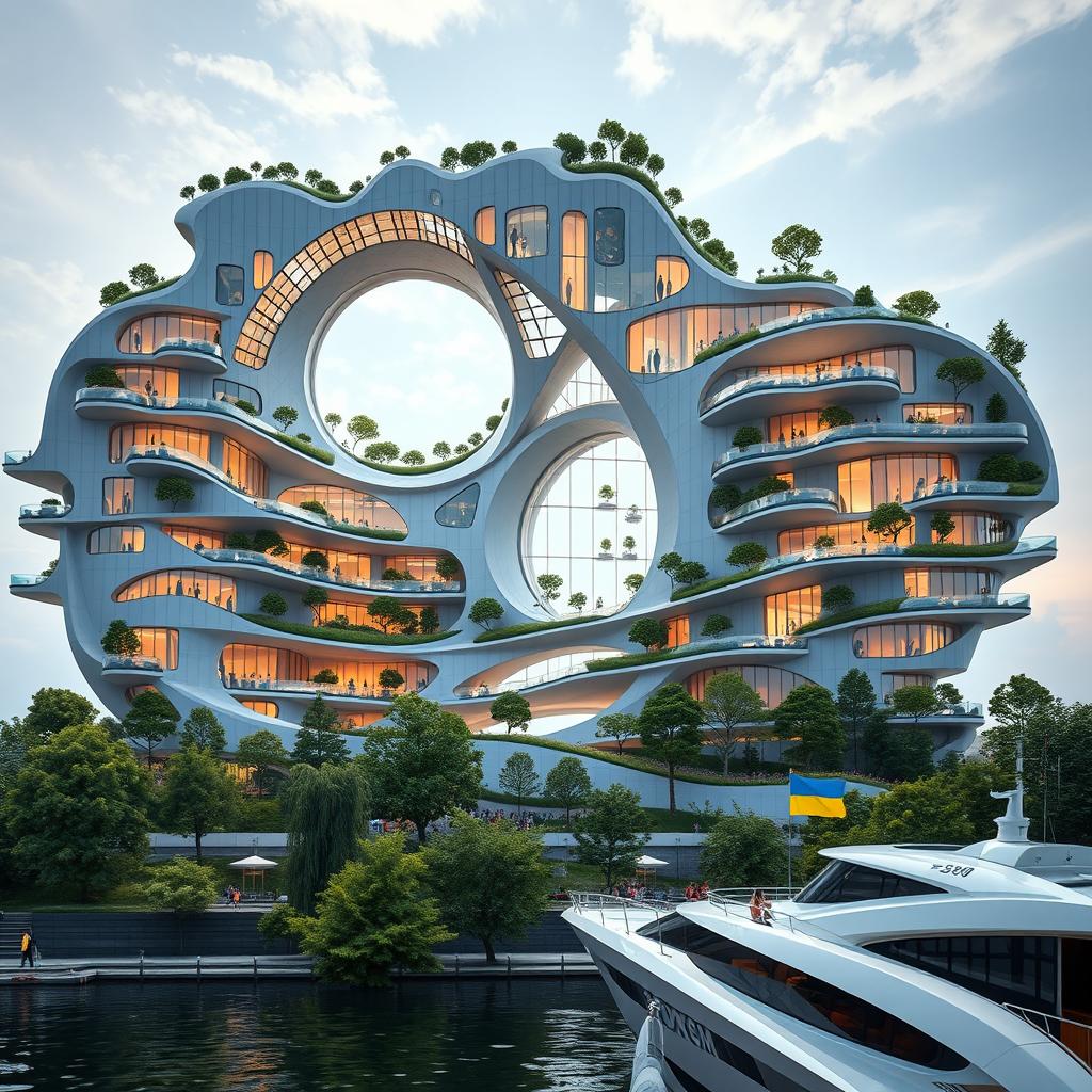 A futuristic bionic building designed with the silhouette identical to the map of Ukraine