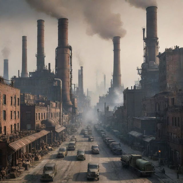 A busy dieselpunk cityscape featuring monolithic factories with large smokestacks, metal-clad skyscrapers, grungy industrial buildings, and diesel-powered vehicles humming on the roads. The sky is filled with smog and features a gritty, distressed aesthetic.