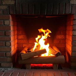 A cozy wooden fireplace crackling with a warm, inviting fire, set against a backdrop of classic brickwork