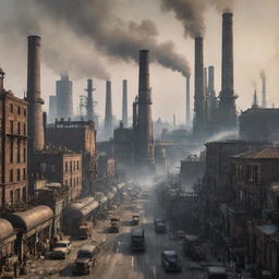 A busy dieselpunk cityscape featuring monolithic factories with large smokestacks, metal-clad skyscrapers, grungy industrial buildings, and diesel-powered vehicles humming on the roads. The sky is filled with smog and features a gritty, distressed aesthetic.