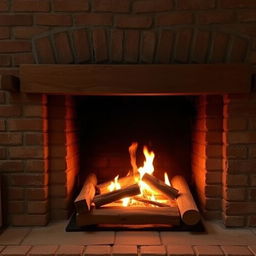 A cozy wooden fireplace crackling with a warm, inviting fire, set against a backdrop of classic brickwork