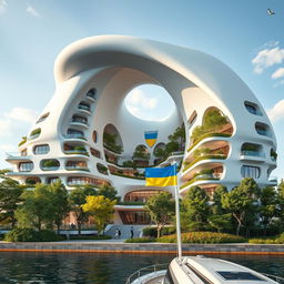 A futuristic bionic building meticulously crafted to mimic the silhouette of the map of Ukraine