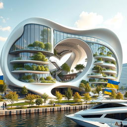 A futuristic bionic building meticulously crafted to mimic the silhouette of the map of Ukraine