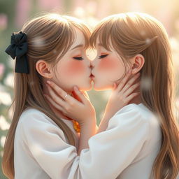 Two girls gently kissing each other, with a dreamy and intimate atmosphere