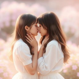 Two girls gently kissing each other, with a dreamy and intimate atmosphere