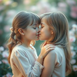 Two girls gently kissing each other, with a dreamy and intimate atmosphere