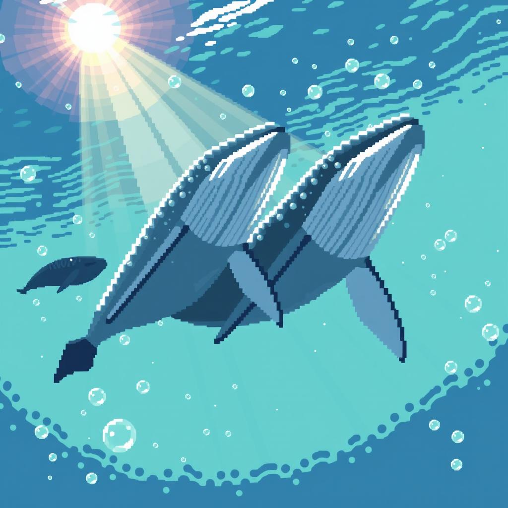 pixel art of two whales swimming side by side underwater