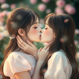 Two girls gently kissing each other, with a dreamy and intimate atmosphere