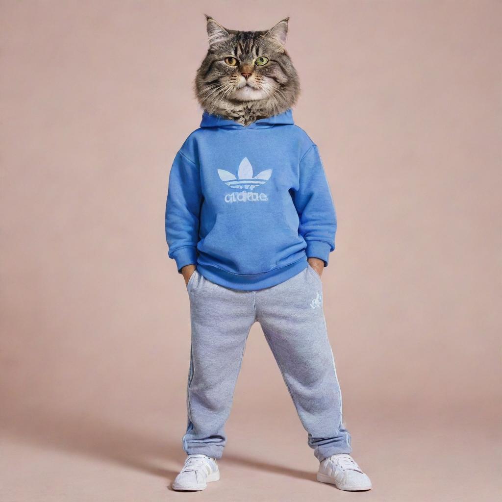 A muscular cat dressed in a matching Adidas sweatpants and sweatshirt set, showcasing a fashionable and athletic appearance.