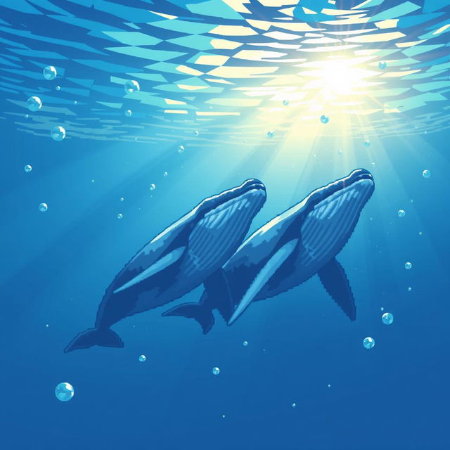 pixel art of two whales swimming side by side underwater