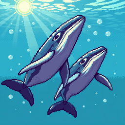 pixel art of two whales swimming side by side underwater