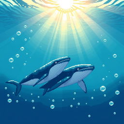 pixel art of two whales swimming side by side underwater