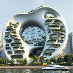 A futuristic bionic building designed to emulate the silhouette of the map of Ukraine