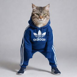 A muscular cat dressed in a matching Adidas sweatpants and sweatshirt set, showcasing a fashionable and athletic appearance.