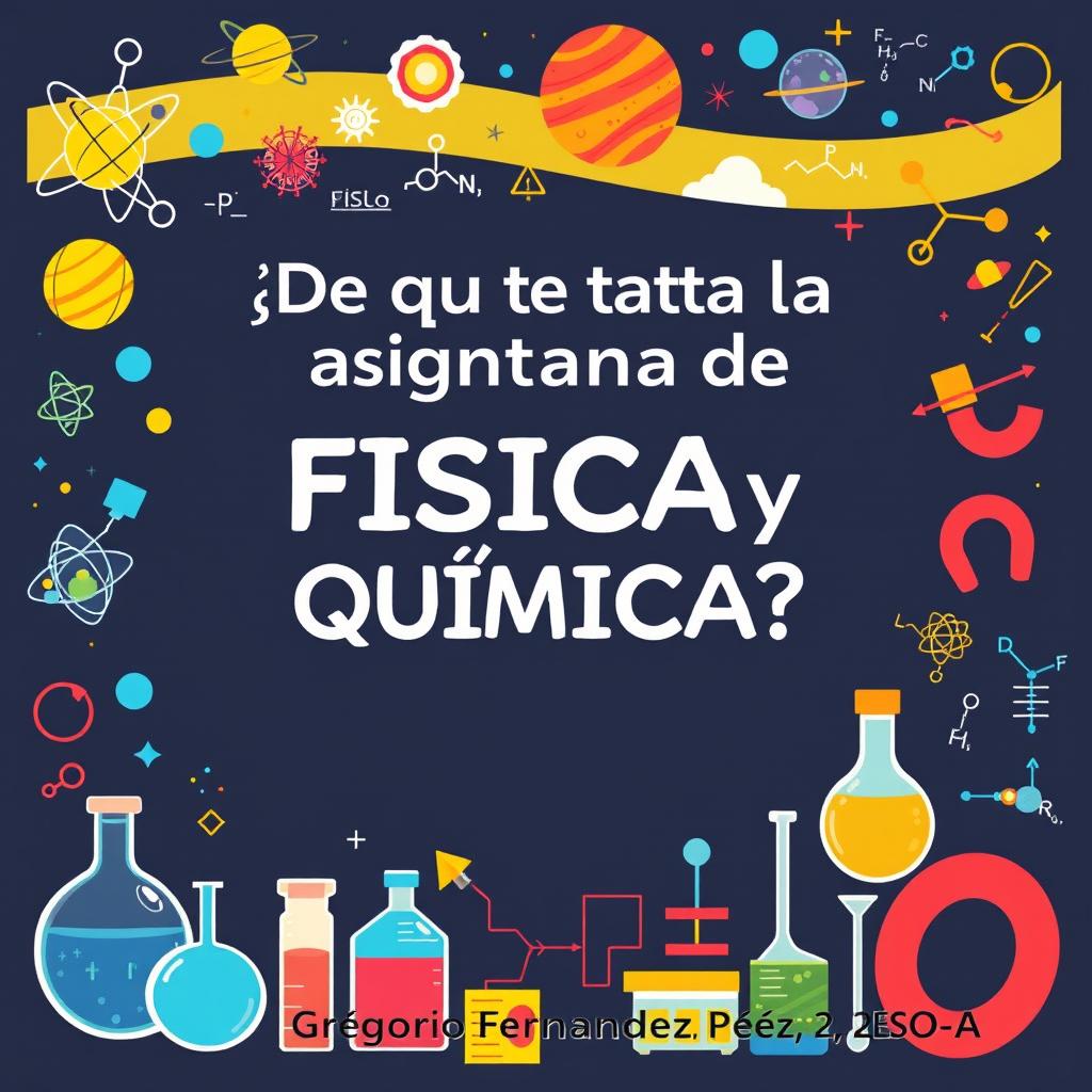 An educational cover page titled "¿De qué trata la asignatura de FÍSICA y QUÍMICA?" featuring captivating elements representing the subjects such as atoms, molecules, test tubes, and formulas