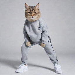 A muscular cat dressed in a matching Adidas sweatpants and sweatshirt set, showcasing a fashionable and athletic appearance.